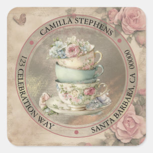 Floral Teacups retour adres envelop afdichting Vierkante Sticker