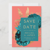 Floral Teal Coral Gold Wedding Save the Date Kaart (Voorkant)