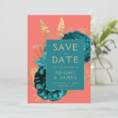 Floral Teal Coral Gold Wedding Save the Date Kaart (Staand voorkant)