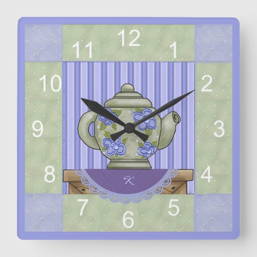 Floral Teapot Quilt Block Clock Vierkante Klok (Voorkant)