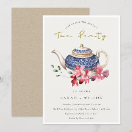 Floral Teapot Red Blue Holiday Tea Party nodigt ui Bedankkaart