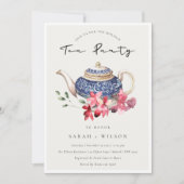 Floral Teapot Red Blue Holiday Tea Party nodigt ui Bedankkaart (Voorkant)