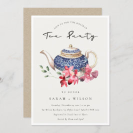Floral Teapot Red Blue Holiday Tea Party nodigt ui Bedankkaart