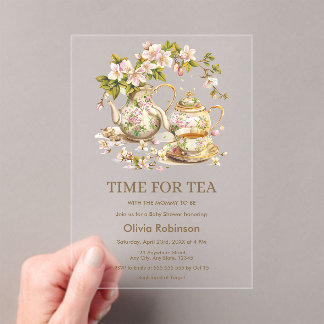 Floral Teapot Time for Tea Baby Shower  Acryl Uitnodigingen