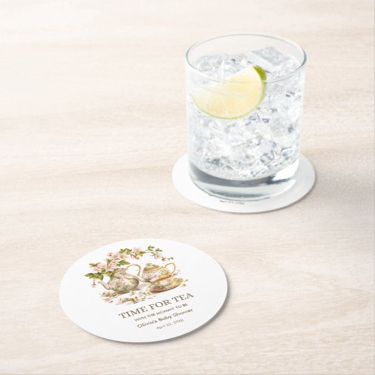 Floral Teapot Time for Tea Baby Shower  Ronde Kartonnen Onderzetter (Insitu)