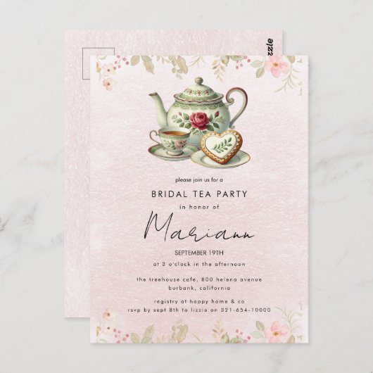 Floral Teapot Vrijgezellenfeest Tea Party Invitati Briefkaart (Voorkant / Achterkant)