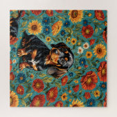 Floral teckel Delight – Kleurrijke hond puzzel (Horizontaal)