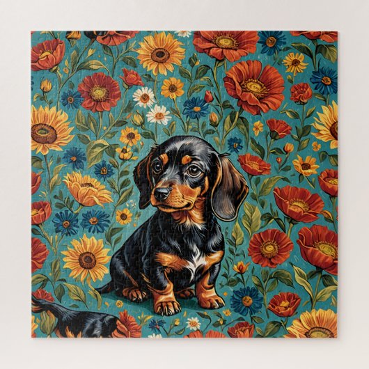 Floral teckel Delight – Kleurrijke hond puzzel (Verticaal)