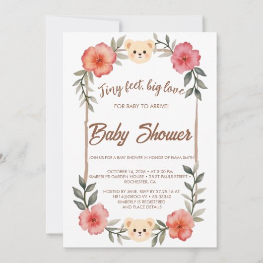 Floral Teddy Bear Baby Shower Invitation Neutral Kaart (Voorkant)