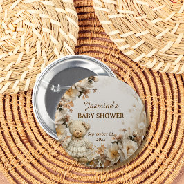 Floral Teddy Bear Baby shower Party Button