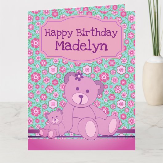 Floral Teddy Bear Birthday Kaart (Voorkant)