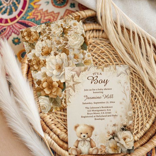 Floral Teddy Bear Het is een Boy Baby shower Kaart