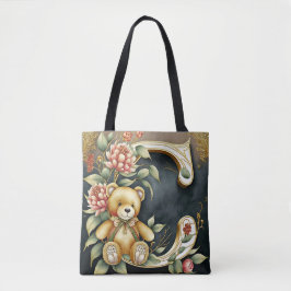FLoral Teddy Bear letter C Tote Bag