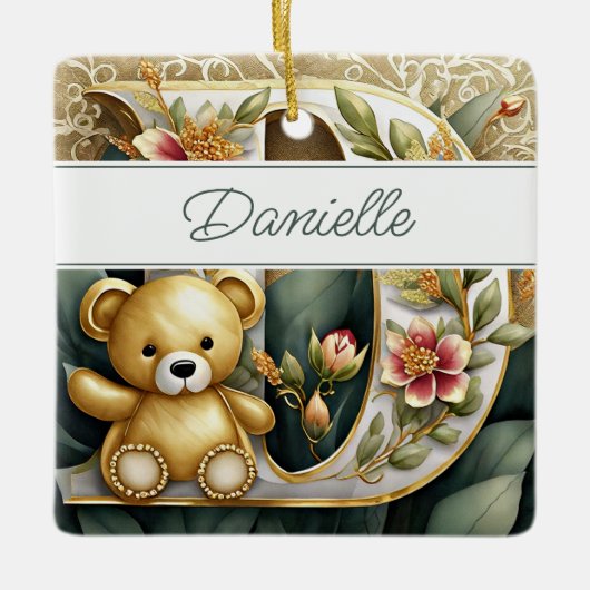FLoral Teddy Bear letter D gepersonaliseerd Keramisch Ornament (Voorkant)