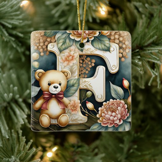 FLoral Teddy Bear letter F Keramisch Ornament (Boom)