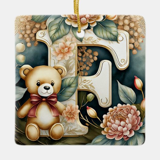 FLoral Teddy Bear letter F Keramisch Ornament (Voorkant)