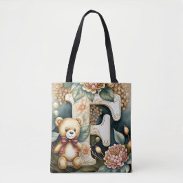 FLoral Teddy Bear letter F Tote Bag
