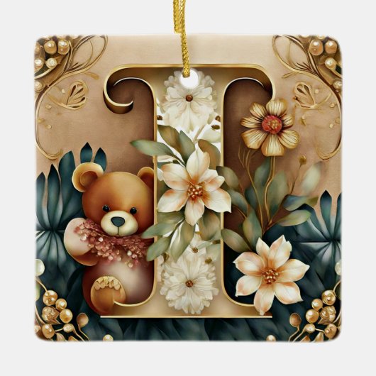 FLoral Teddy Bear letter I Keramisch Ornament (Voorkant)
