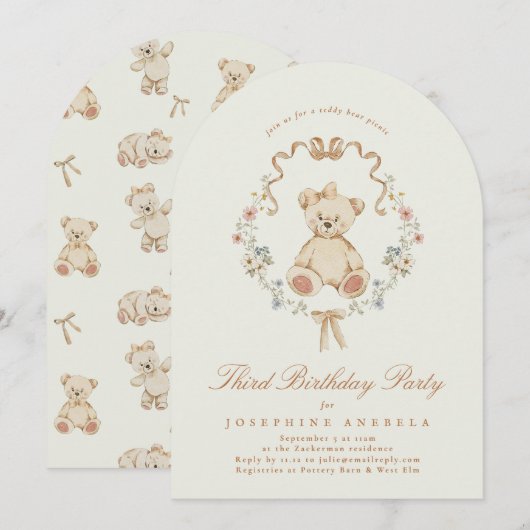 Floral Teddy Bear Sage Girl 2nd Birthday Party Kaart (Voorkant / Achterkant)