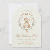 Floral Teddy Bear Sage Girl 2nd Birthday Party Kaart (Voorkant)