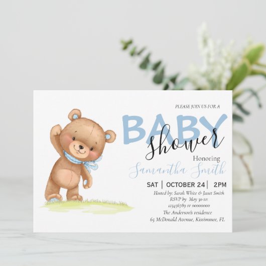 Floral Teddy Boy Blue Baby Shower-uitvindingen Aankondiging (Staand voorkant)