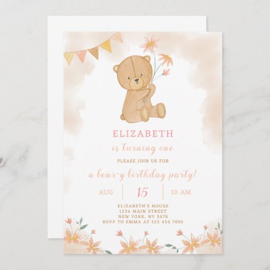 Floral Teddy Verjaardag uitnodiging (Voorkant / Achterkant)
