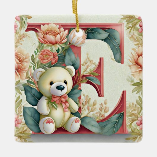 FLoral teddybeer letter E Keramisch Ornament (Voorkant)