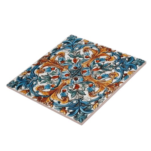 Floral Tegel Design in blauw en goud Tegeltje (Zijkant)