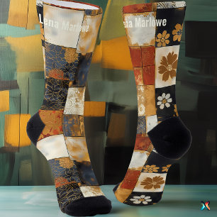 Floral Tegel Patchwork Sokken - Custom Gold en Nav