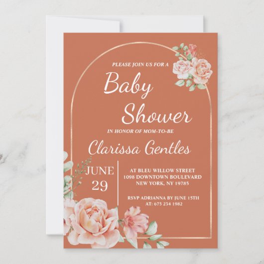 Floral Terracotta Baby shower Uitnodiging (Voorkant)