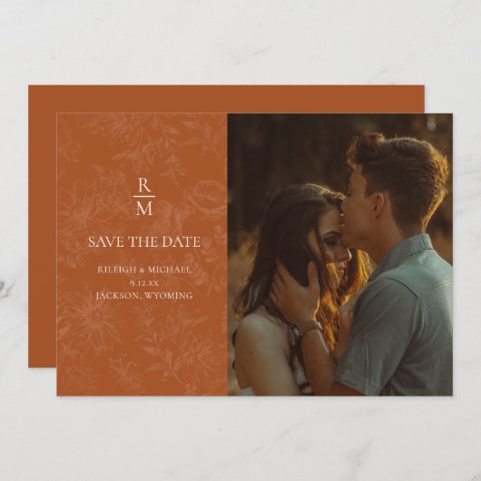 Floral Terracotta bruiloft Save the Date (Voorkant / Achterkant)