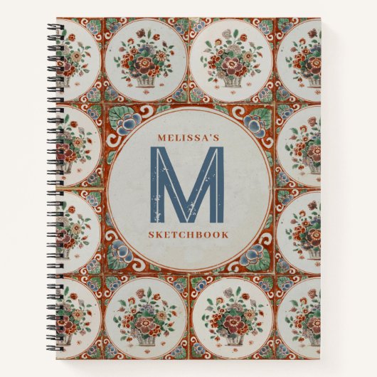 Floral Terracotta Tile Monogram Sketchbook Notitieboek (Voorkant)