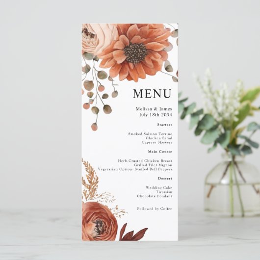 Floral Terracotta Witte Waterverf Trouwmenu Menu (Staand voorkant)