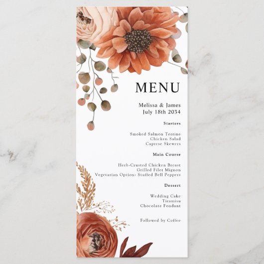 Floral Terracotta Witte Waterverf Trouwmenu Menu (Voorkant)