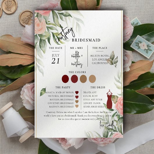 Floral Text Script Bridesmaid info Card