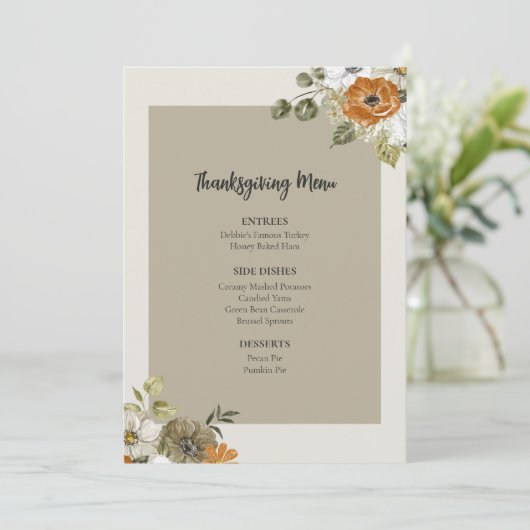 Floral Thanksgiving Diner Menu Afdrukbare Sjabloon Kaart (Staand voorkant)