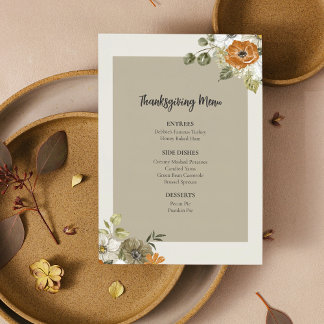 Floral Thanksgiving Diner Menu Afdrukbare Sjabloon Kaart
