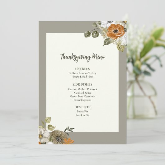 Floral Thanksgiving Diner Menu Afdrukbare Sjabloon Kaart (Staand voorkant)