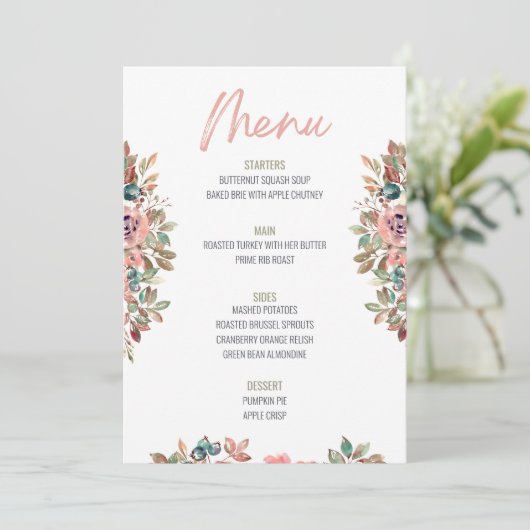 Floral Thanksgiving Diner Menu Bruiloft Menu Kaart (Staand voorkant)