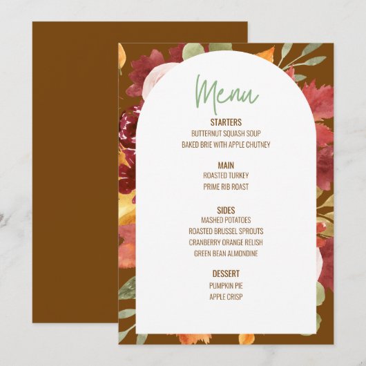 Floral Thanksgiving Diner Menu Bruiloft Menu Kaart (Voorkant / Achterkant)