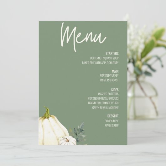 Floral Thanksgiving Diner Menu Sage Groen Kaart (Staand voorkant)