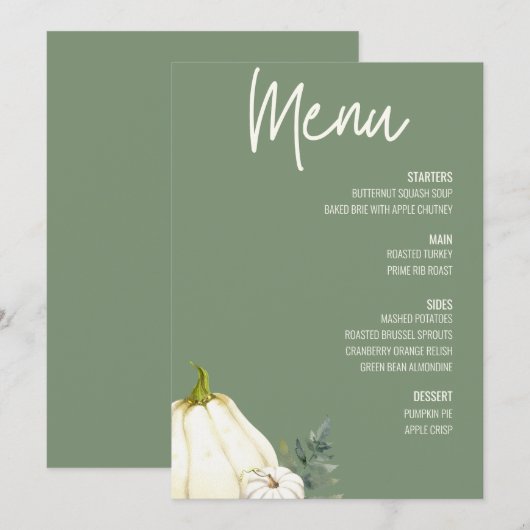 Floral Thanksgiving Diner Menu Sage Groen Kaart (Voorkant / Achterkant)