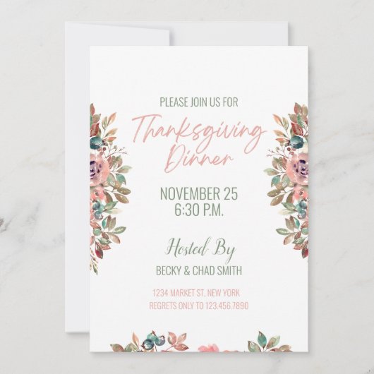 Floral Thanksgiving Dinner Invitation Pastel Kaart (Voorkant)