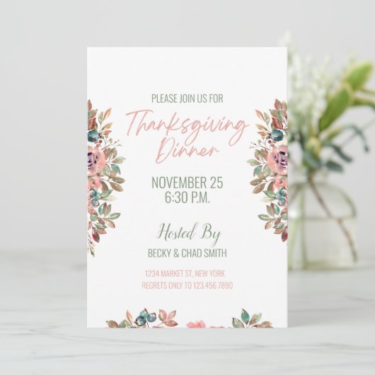 Floral Thanksgiving Dinner Invitation Pastel Kaart (Staand voorkant)