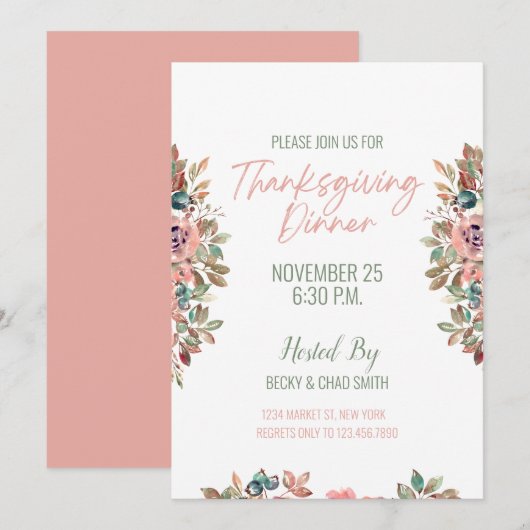 Floral Thanksgiving Dinner Invitation Pastel Kaart (Voorkant / Achterkant)