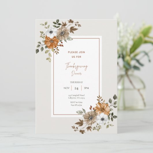 Floral Thanksgiving Dinner Invitation Sjabloon Kaart (Staand voorkant)