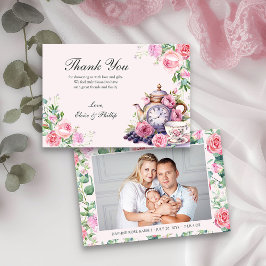 Floral theepot pasgeboren foto Baby shower Bedankkaart