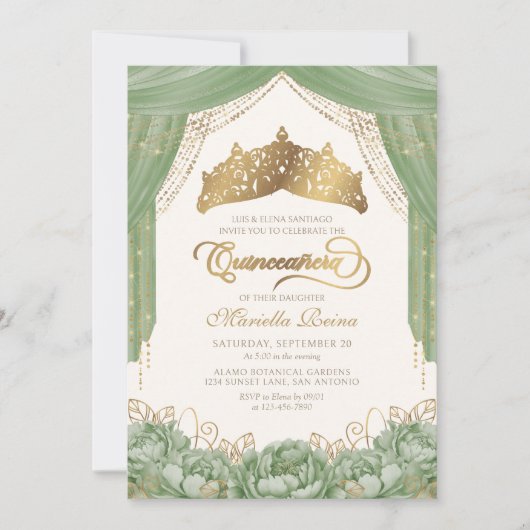 Floral Tiara Sage Green Quinceanera Kaart (Voorkant)