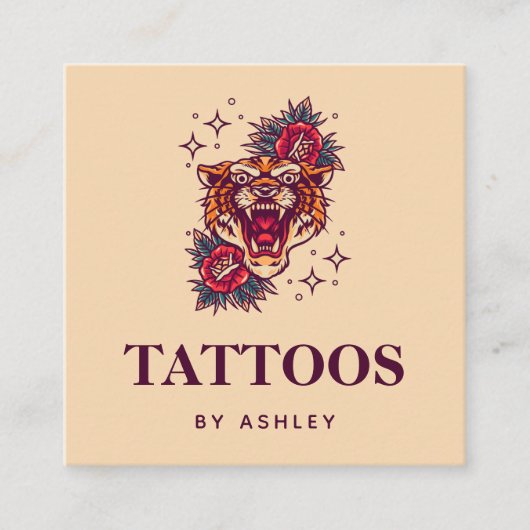 Floral Tiger Stardust Sparkle Girly Tattoo Artist Vierkante Visitekaartje (Voorkant)