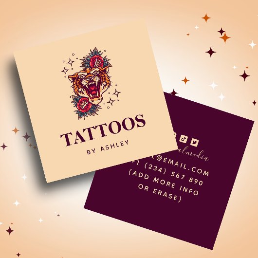 Floral Tiger Stardust Sparkle Girly Tattoo Artist Vierkante Visitekaartje